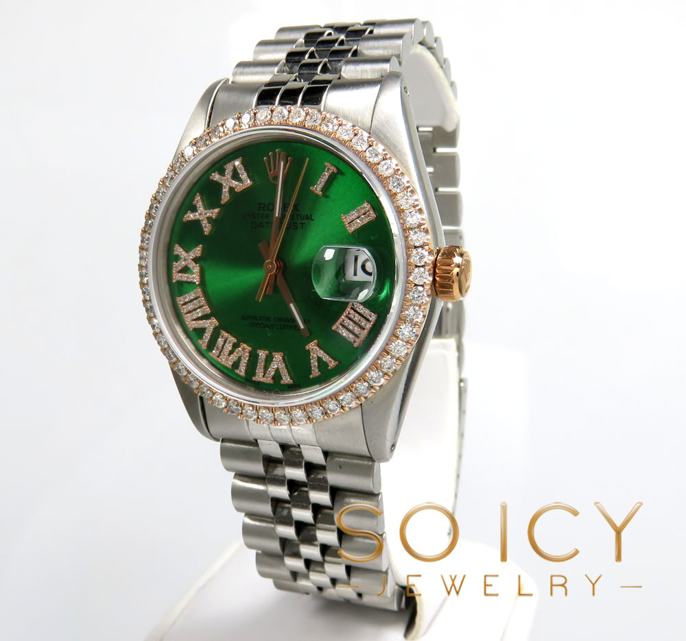 Rolex date just perpetual 36mm custom rose gold diamond bezel 1.75ct