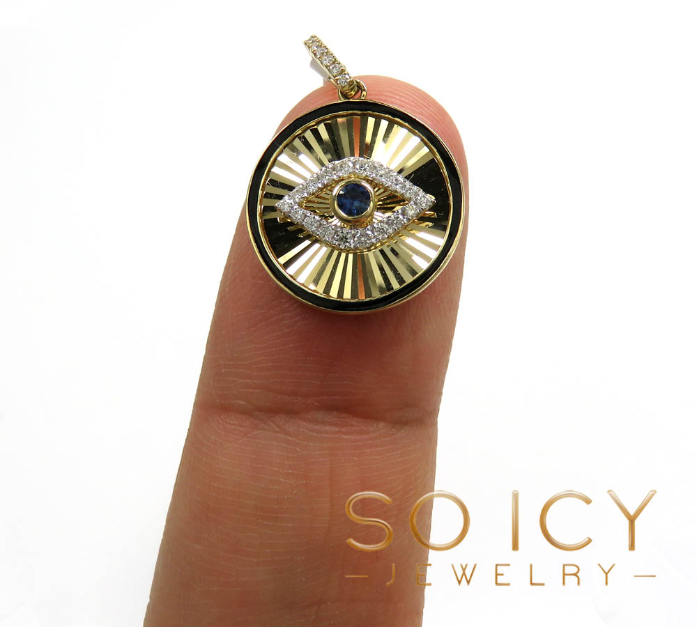 14k yellow gold black enamel diamond evil eye pendant 0.23ct 