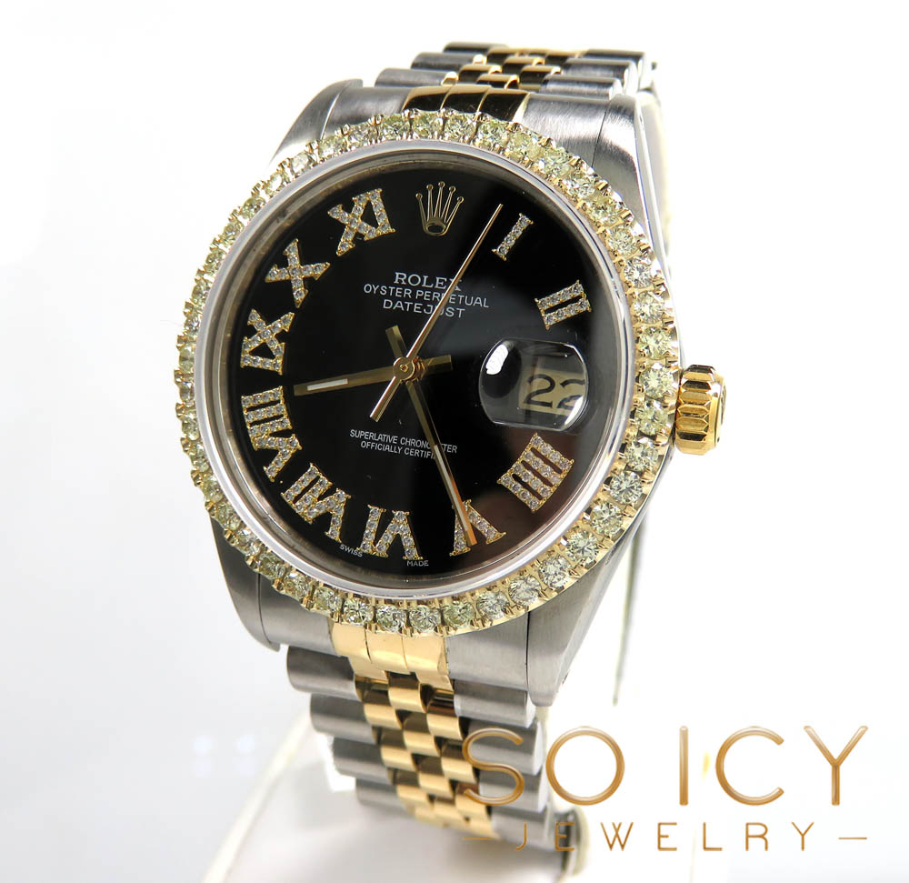 Rolex date just perpetual two tone 36mm custom diamond bezel 2.25ct