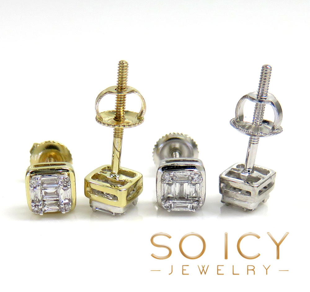 14k yellow or white gold small round diamond baguette earrings 0.12ct