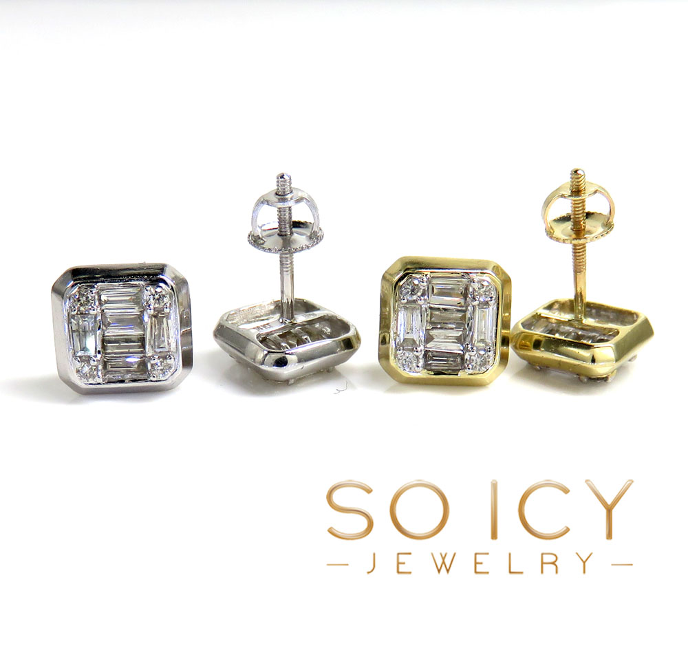  14k yellow or white gold 8.50mm large round diamond baguette earrings 0.56ct 