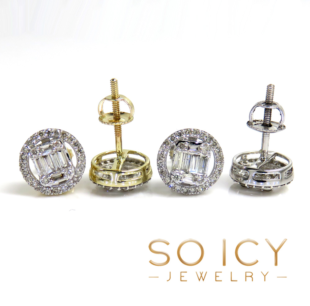  14k yellow or white gold halo 8.50mm round diamond baguette earrings 0.39ct 