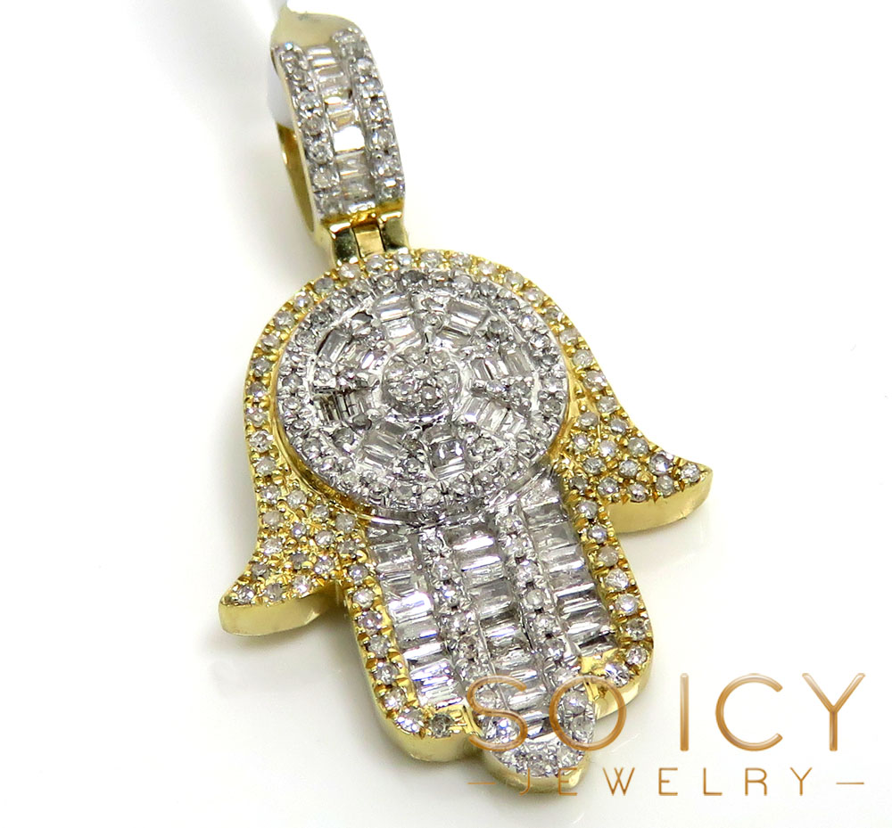 14k two tone gold baguette diamond medium hamsa pendant 0.78ct