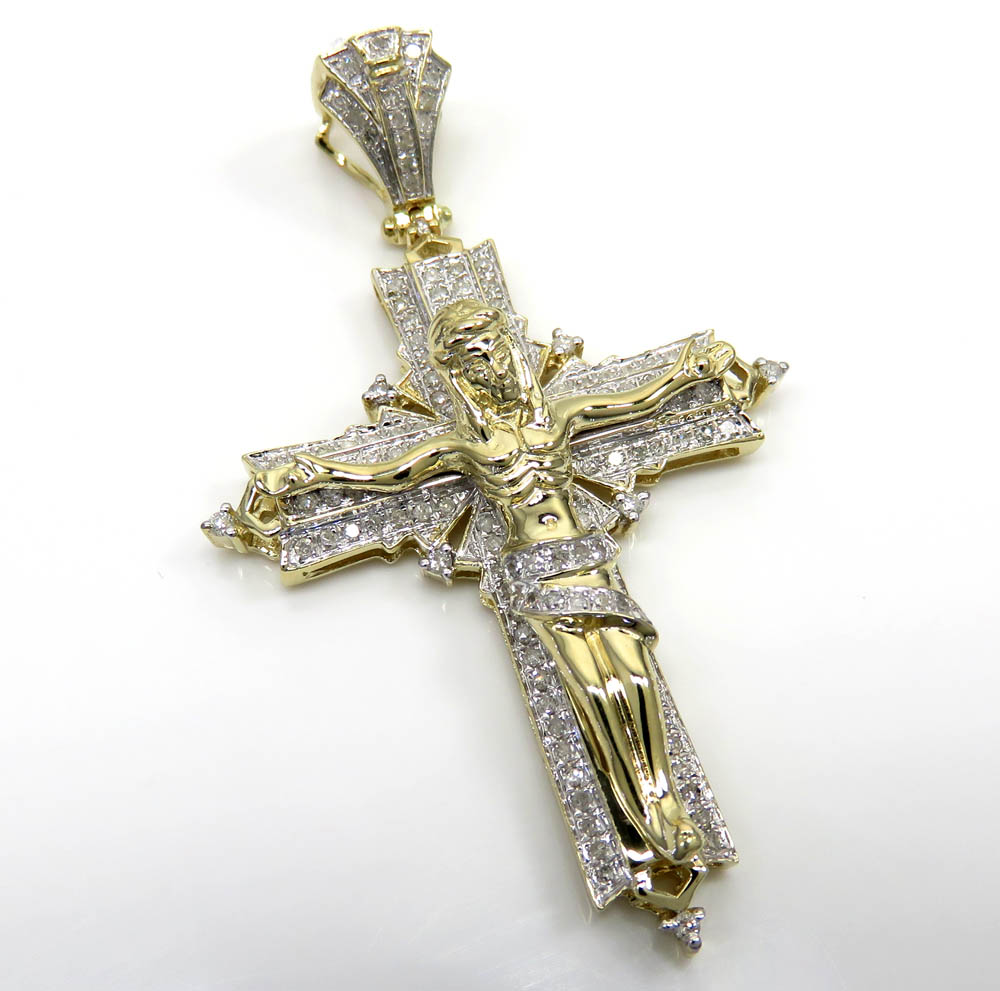 14k yellow gold solid back fancy diamond jesus cross 0.75ct