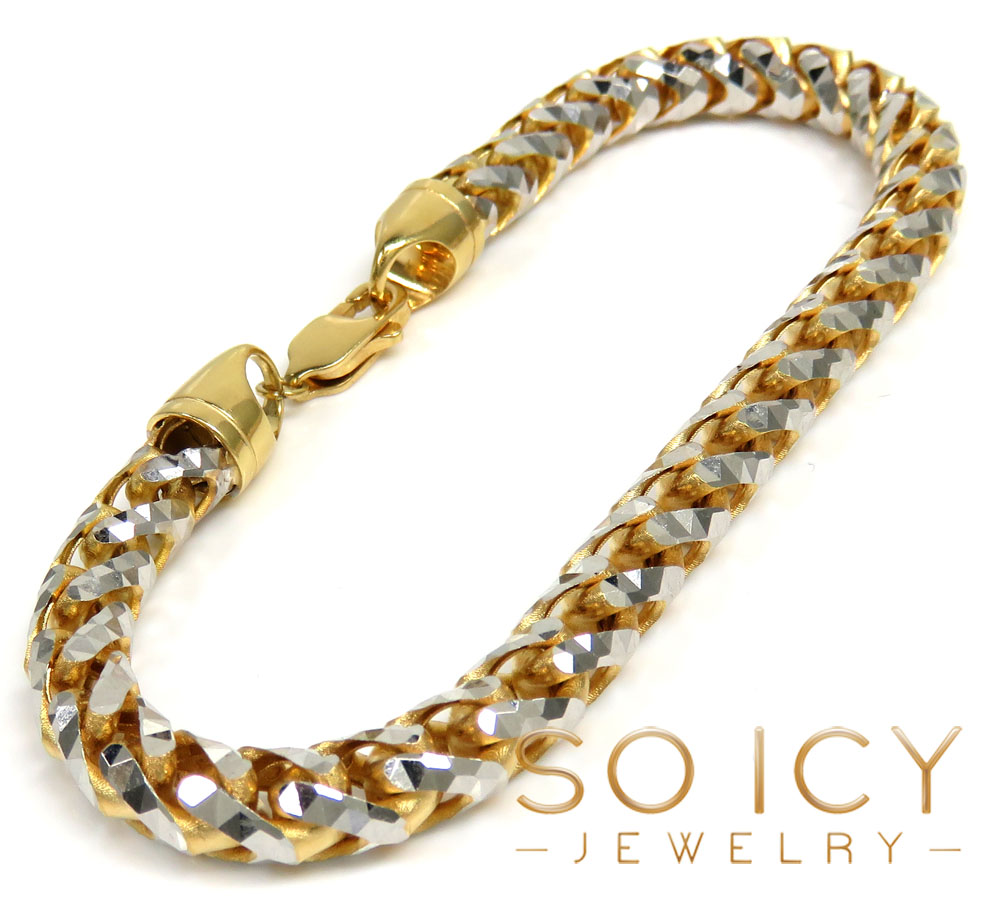 14k two tone gold prism cut semi-hollow franco bracelet 8.50