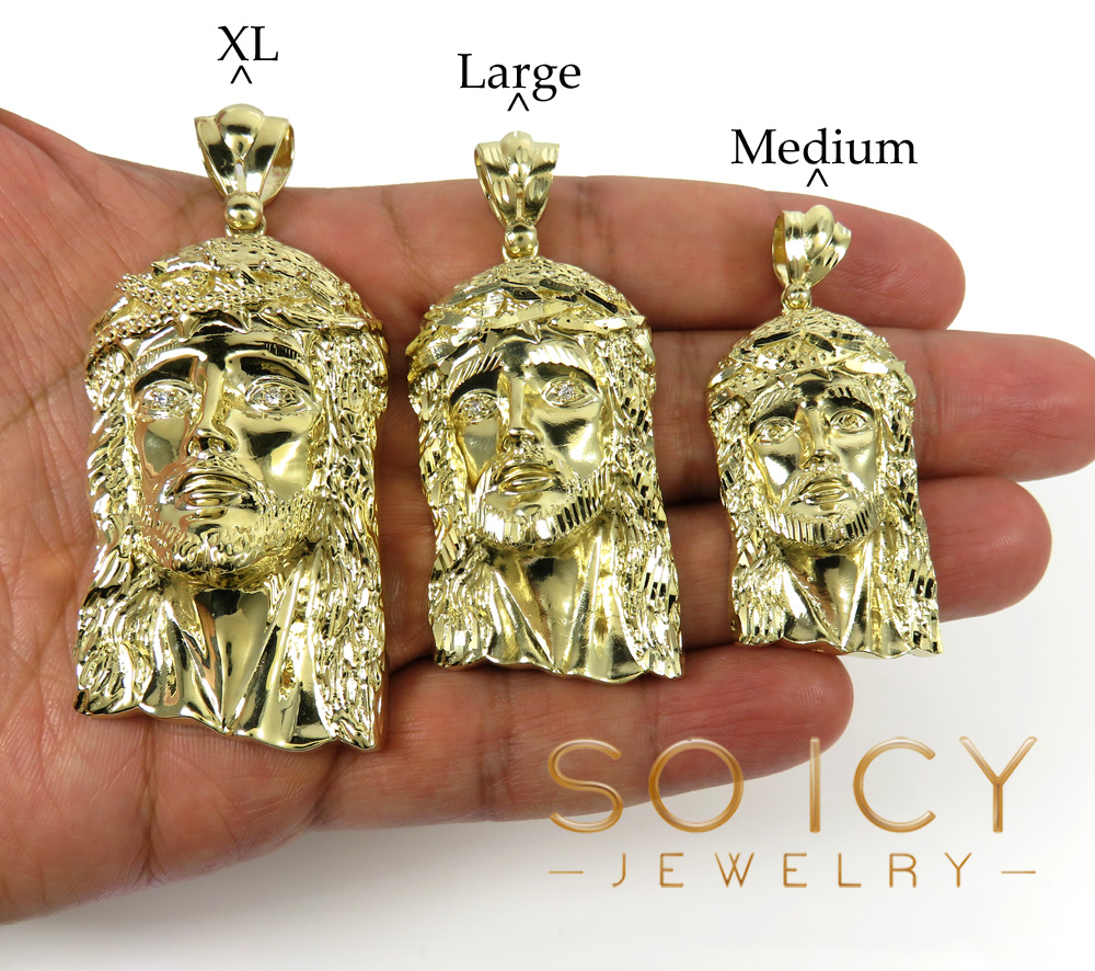 14k solid yellow gold medium-xl diamond cut classic cz jesus face pendant 0.10ct