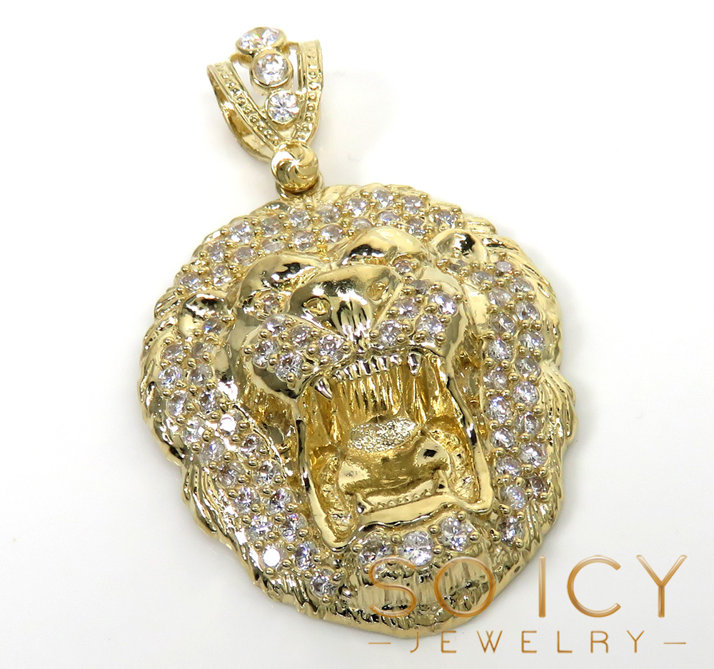 14k yellow gold large cz lion head pendant 1.50ct