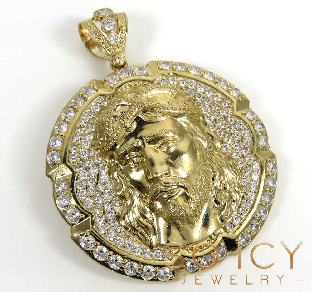 10k yellow gold cz xl jesus face pendant 6.00ct