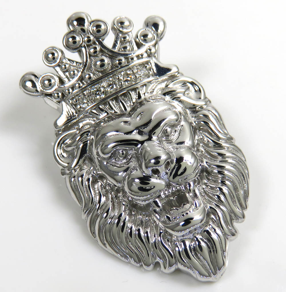 925 white or yellow sterling silver large crowned lion diamond pendant 0.05ct