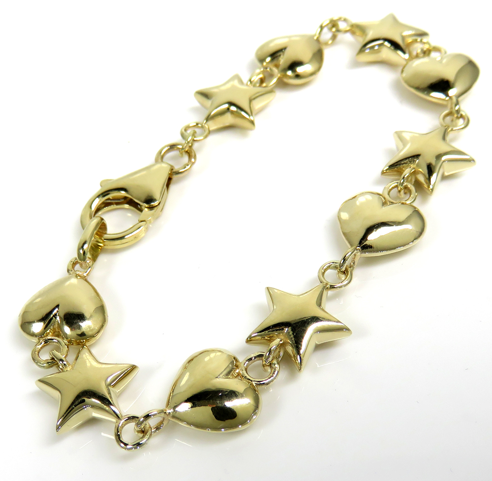 14k gold 10mm solid puff heart & star bracelet 7