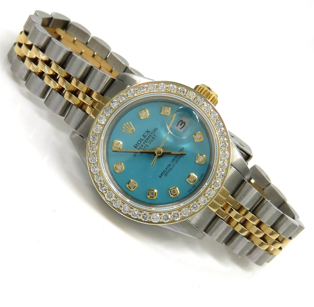 Ladies rolex datejust diamond bezel watch 26mm turquoise dial 1.10ct ref. 69173