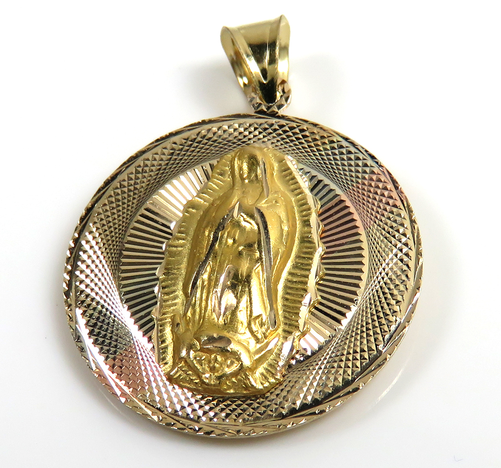 14k solid gold yellow gold jesus sagrado corazon & virgin mary double sided pendant