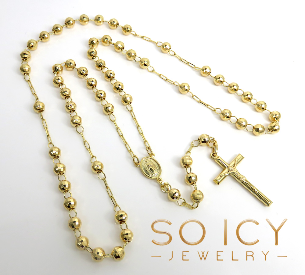 Rosary necklace 14k yellow gold diamond cut beads 30 inches 5.80mm