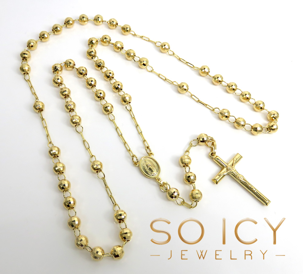 Rosary necklace 14k yellow gold diamond cut beads 26 inches 6mm
