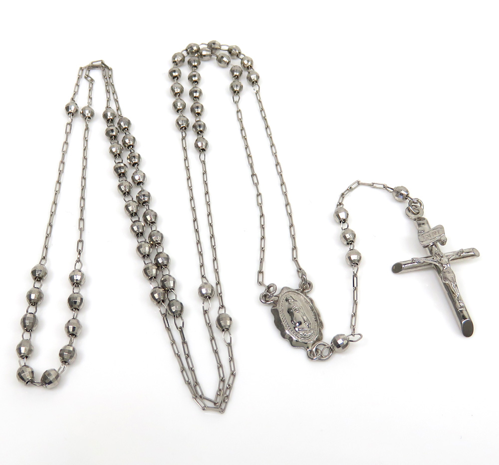Rosary necklace 14k white gold diamond cut beads 26 inches 2.8mm