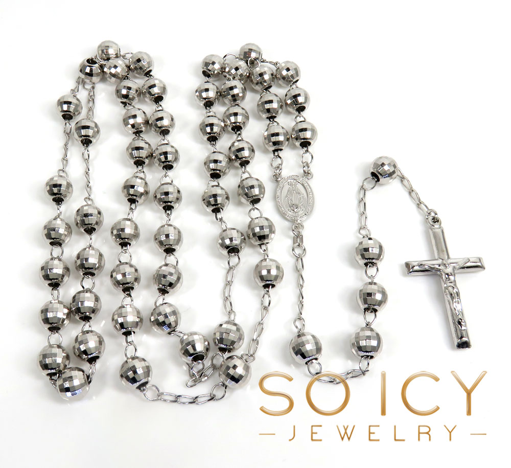 Buy .925 Silver Diamond Cut Rosary Italy Necklace 40 Inches 8mm