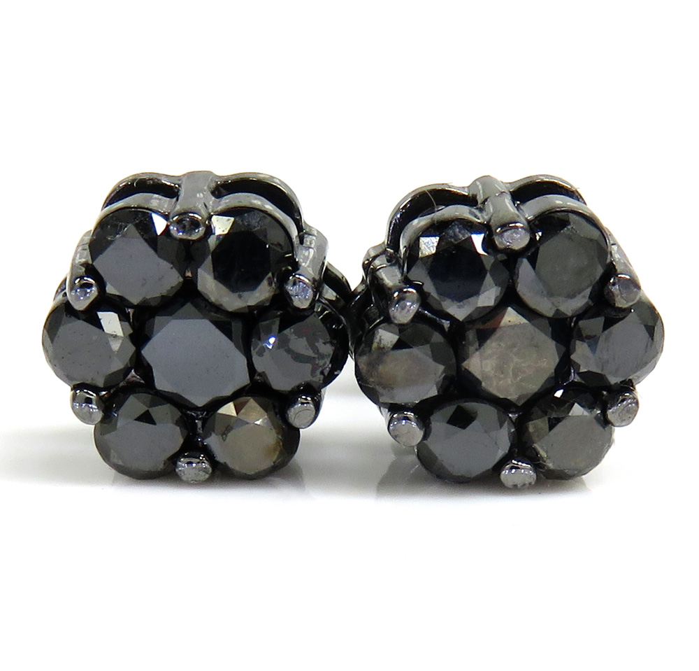 14k black gold black diamond cluster 9mm earrings 1.75ct