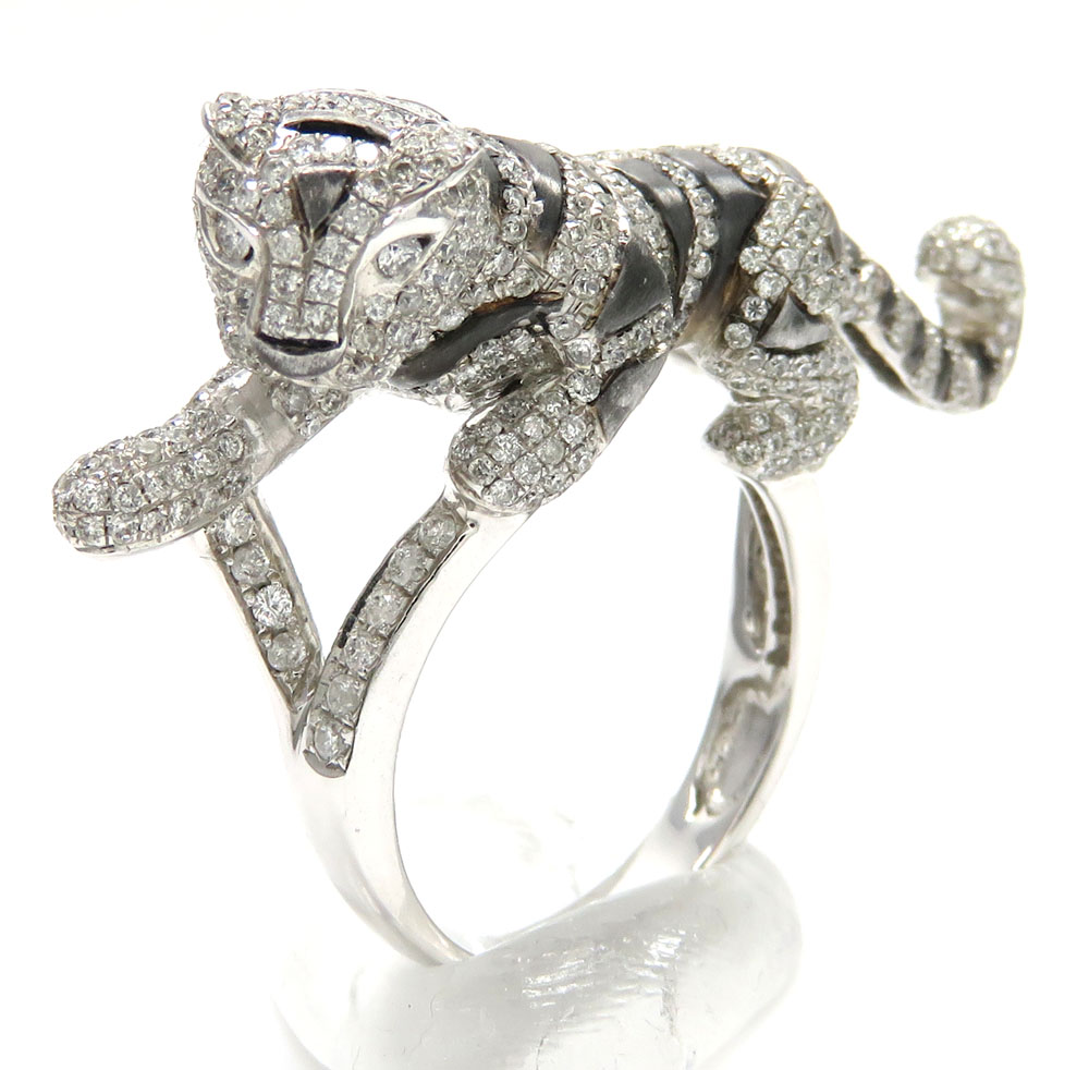 Ladies 14k white gold diamond black rhodium tiger ring 2.00ct