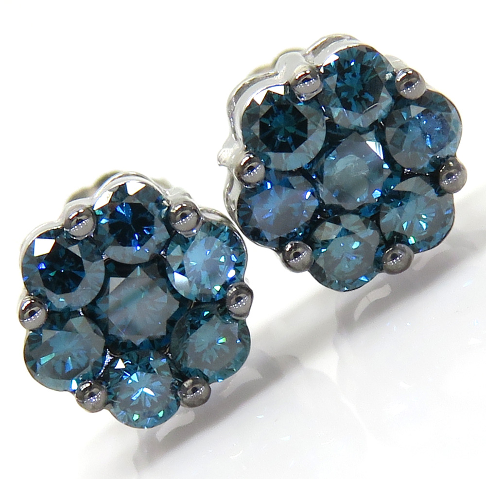 14k solid gold blue diamond 7mm cluster earrings 1.00ct