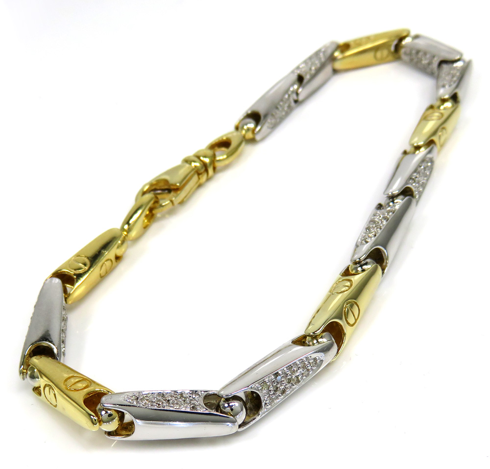 Mens 14k two tone gold bullet link diamond bracelet 1.20ct