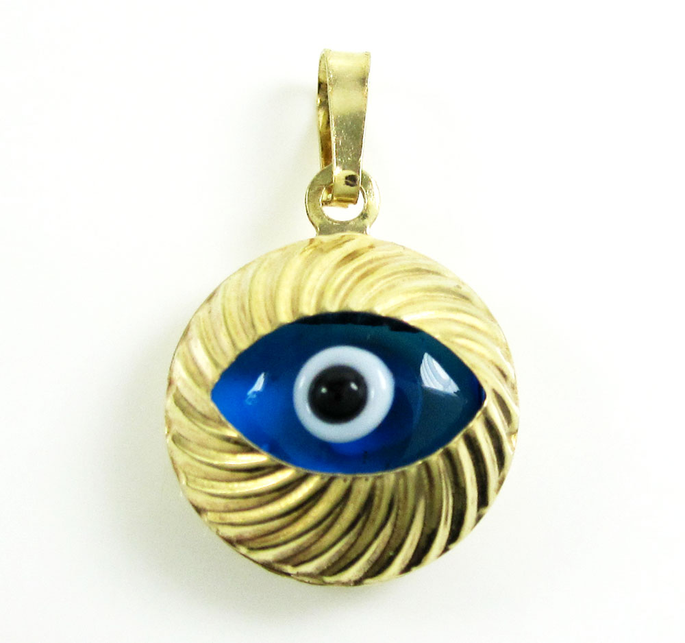 14k yellow gold diamond cut blue evil eye charm