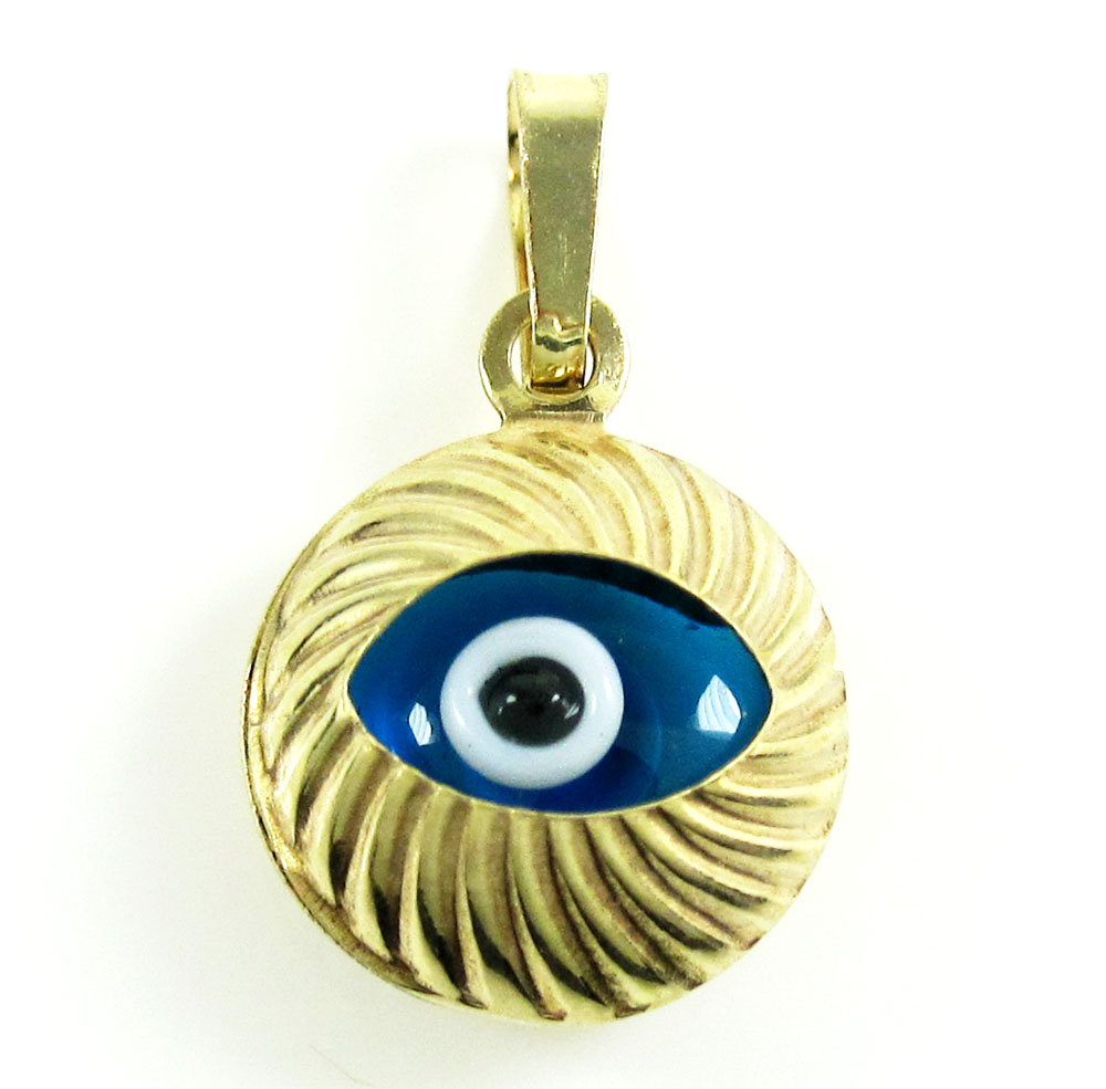 14k yellow gold diamond cut blue evil eye charm