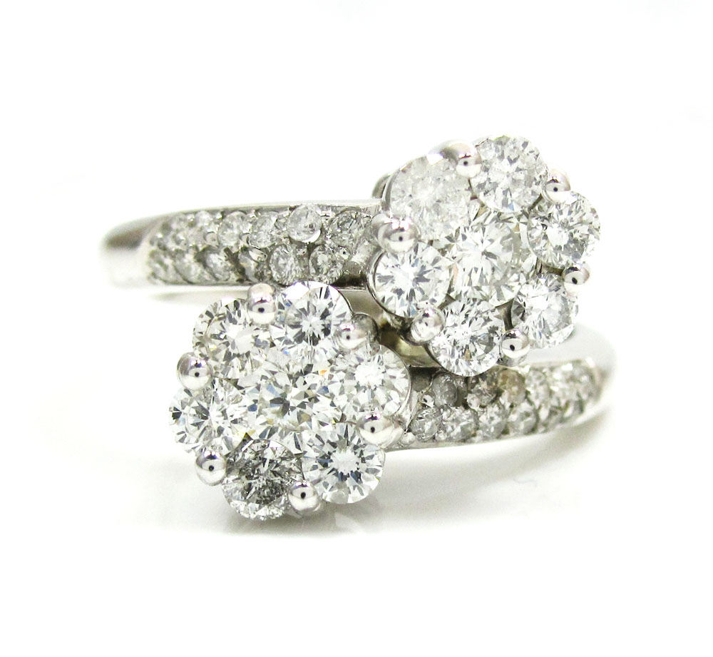 Ladies 14k white gold round diamond double cluster ring 1.20ct