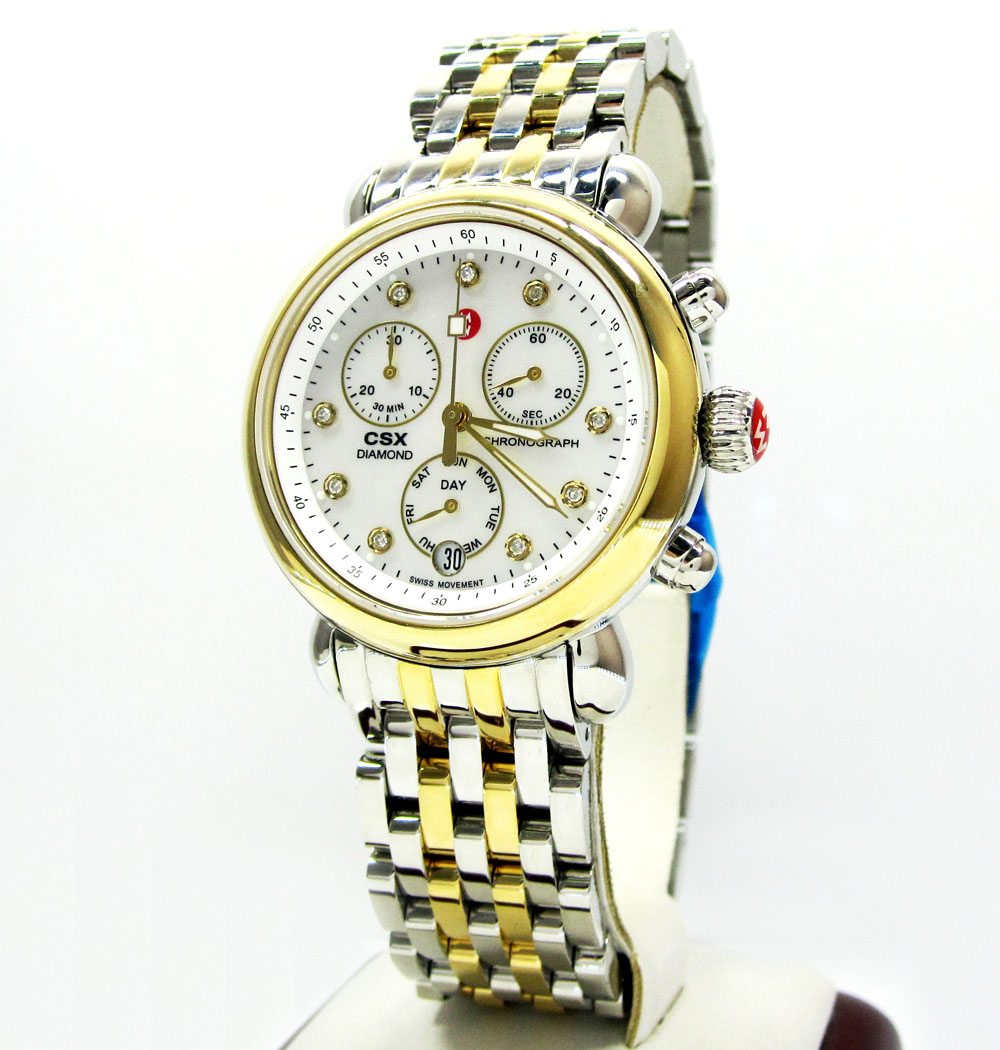 Ladies michele signature csx-36 diamond two tone stainless steel watch 0.04ct