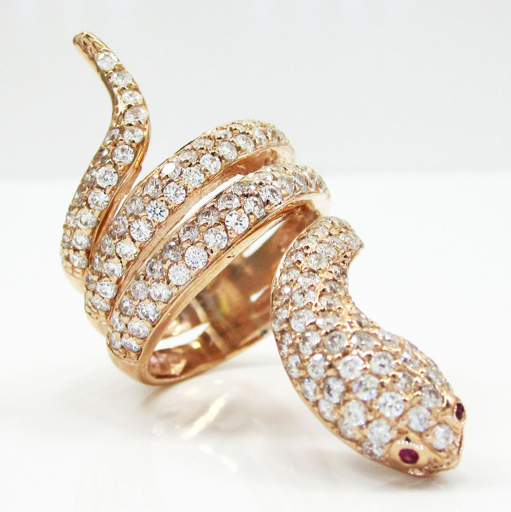14k rose gold round diamond snake ring 2.00ct