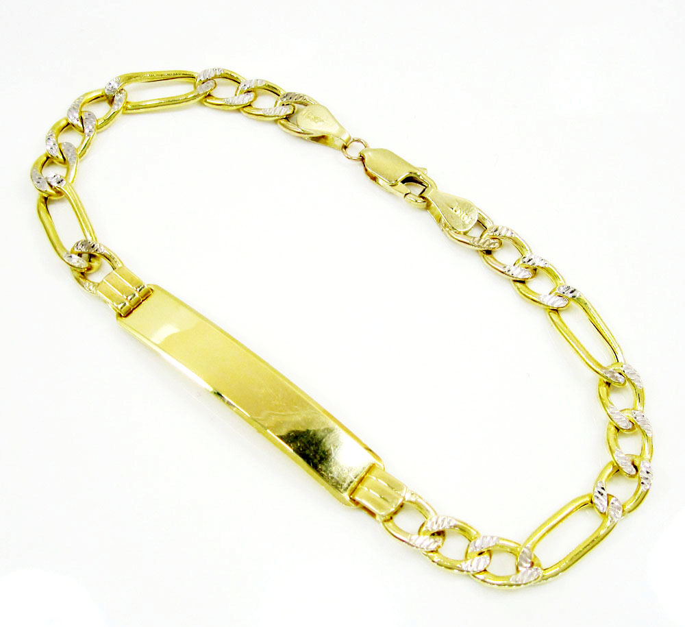 10k yellow gold white diamond cut figaro id bracelet 8 inch 5.8mm 