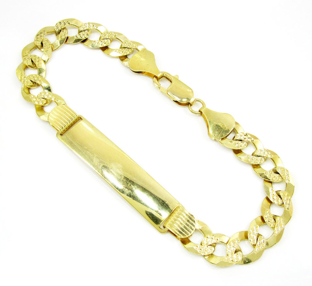 10k yellow gold diamond cut thick cuban id bracelet 9 inch 9.5mm 
