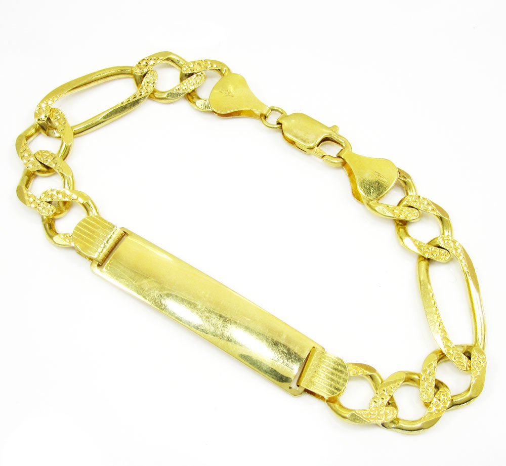 10k yellow gold diamond cut figaro id bracelet 8.75 inch 11mm 