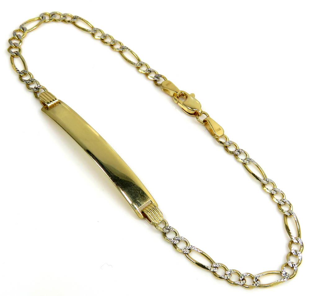 10k yellow gold diamond cut figaro id bracelet 8 inch 3.5mm 