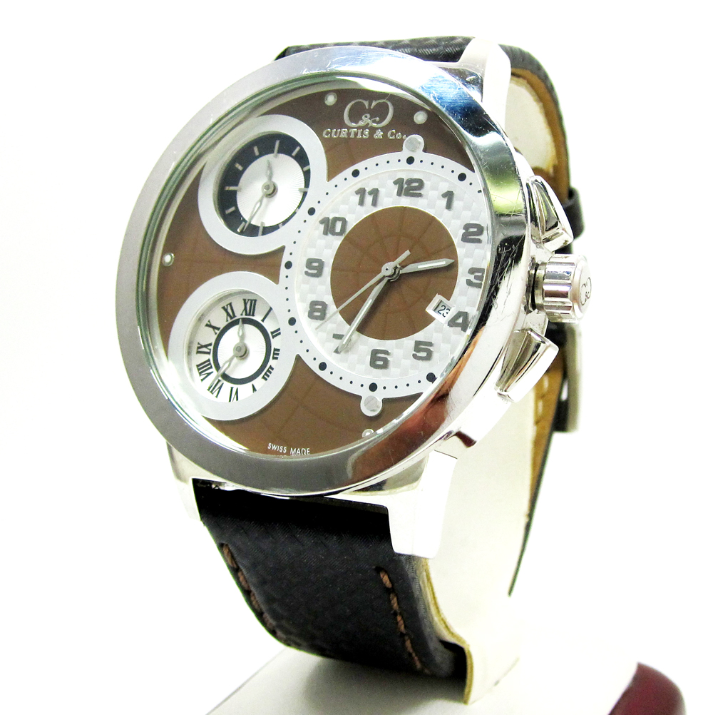 Curtis & co stainless steel big time world 3 time zone brown watch