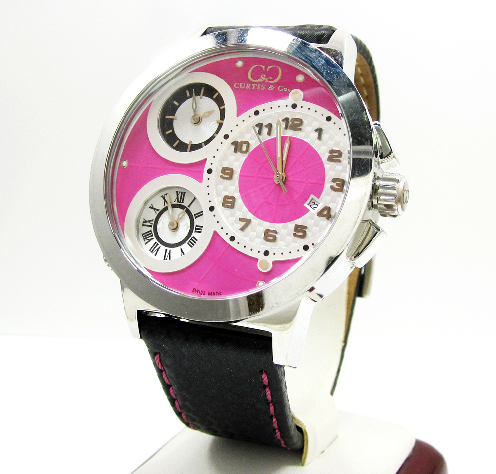 Curtis & co stainless steel big time world 3 time zone pink watch