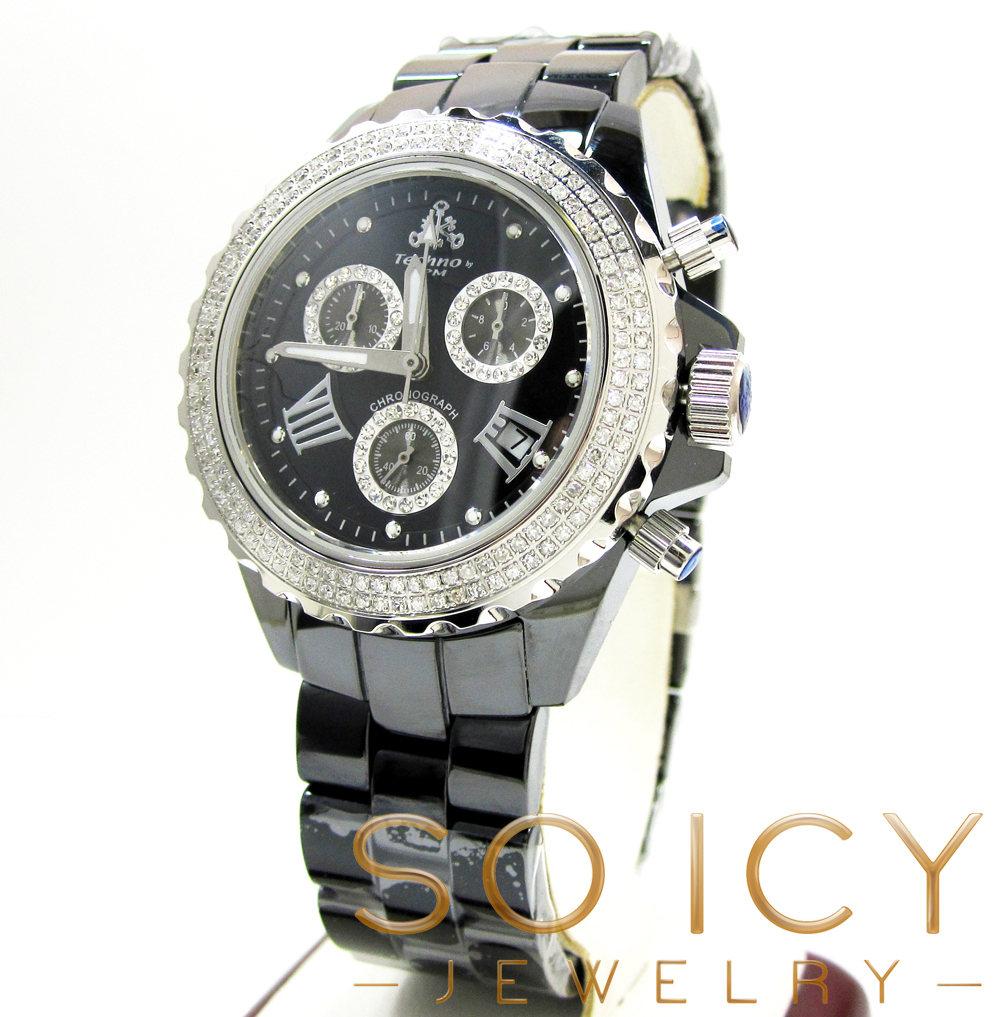 Mens techno jpm black ceramic diamond watch 1.35ct