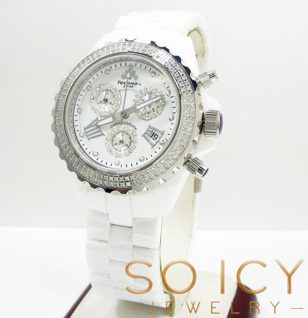 Mens techno jpm white ceramic diamond 38mm watch 1.35ct