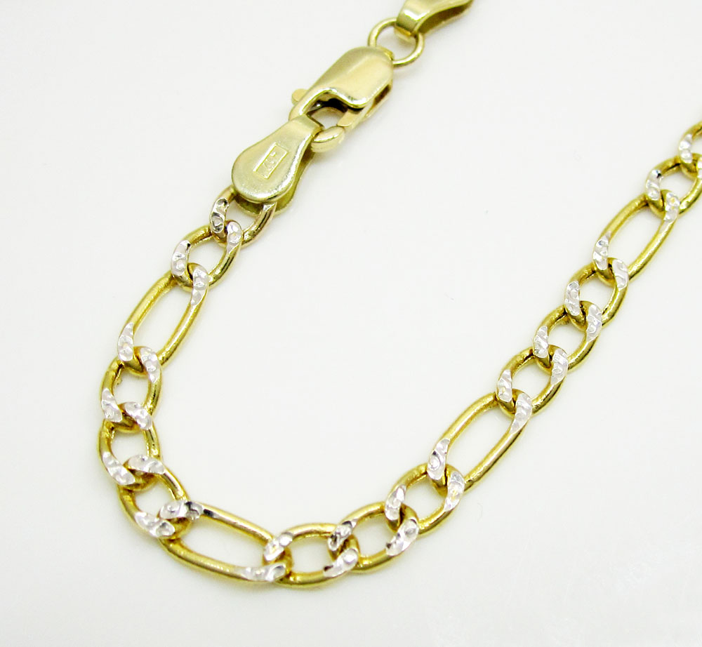 10k Yellow Gold Two Tone Diamond Cut Figaro Bracelet 8 Inch 3 2mm