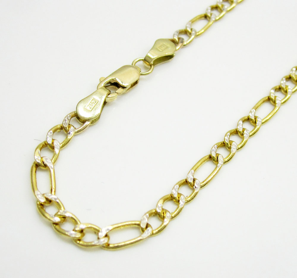 10k yellow gold two tone diamond cut figaro bracelet 8 inch 3.3mm