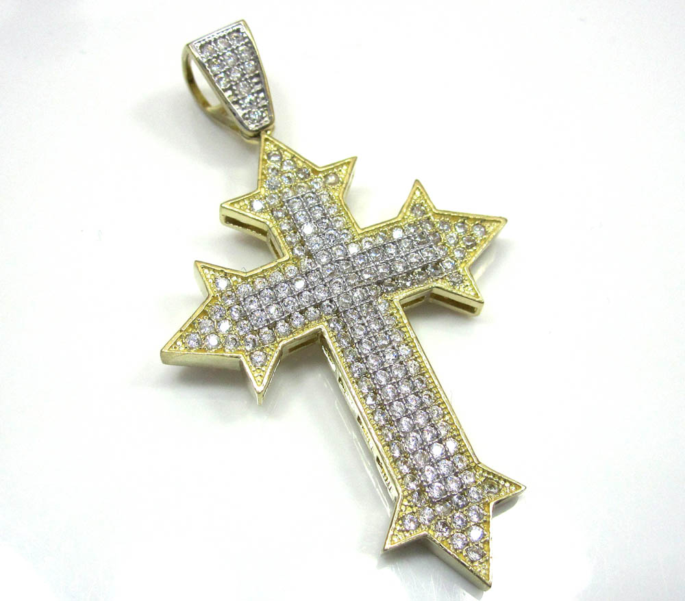 10k yellow gold two tone cross pendant cz 0.25ct