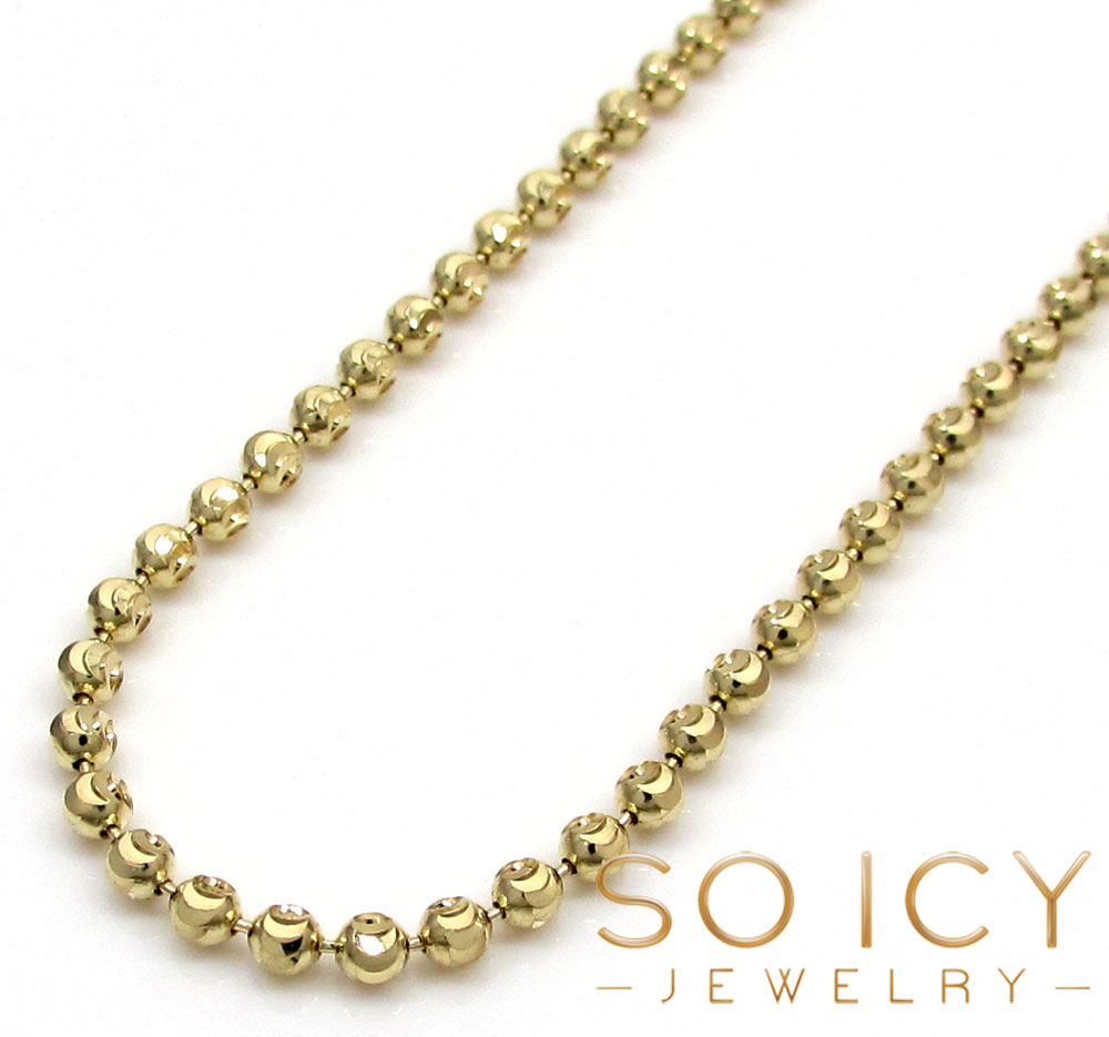10K Yellow Gold Solid 2mm Diamond Moon Cut Bead Ball Chain Pendant Necklace 20"