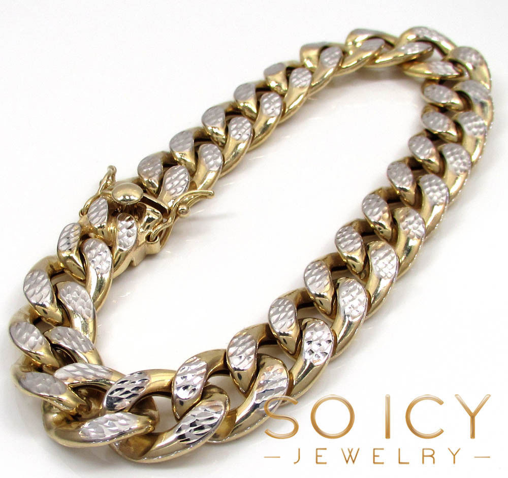 10k yellow gold one sided diamond cut cuban bracelet 9 inch 15mm 