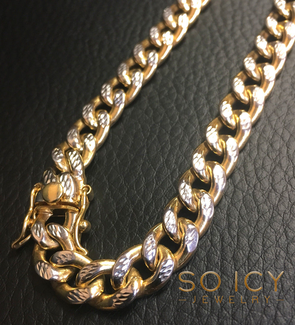 10k yellow gold one sided diamond cut cuban bracelet 9 inch 8.40mm 
