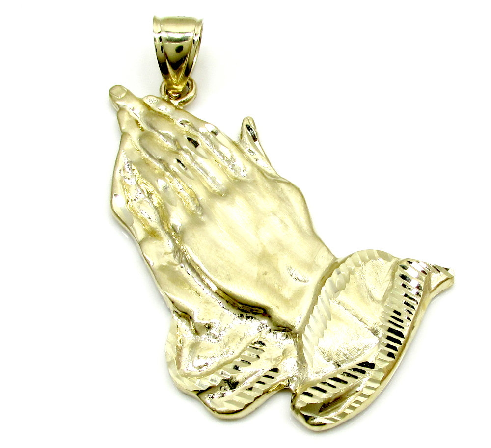 Mens 10k yellow gold large praying hands pendant