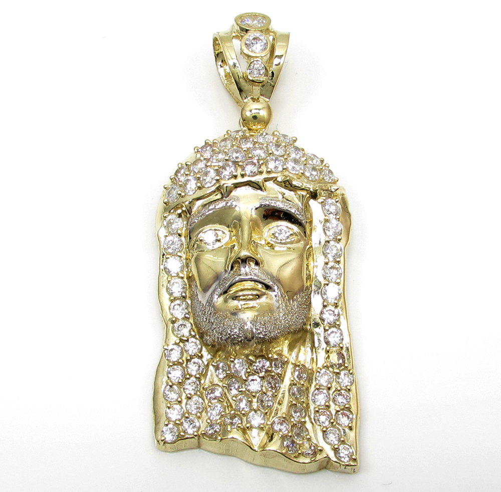Mens 10K Yellow Gold Fully Iced CZ Jesus Face Pendant 2.50CT