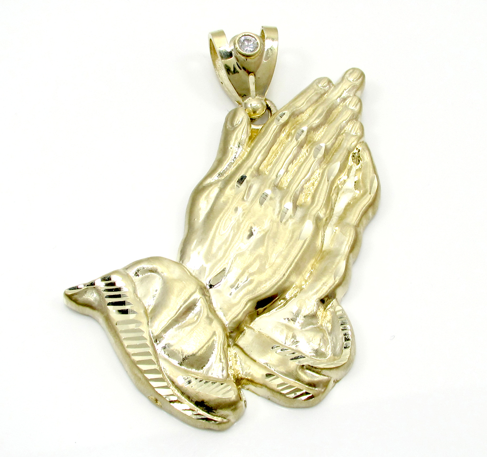 10k yellow gold large praying hands pendant 0.10ct