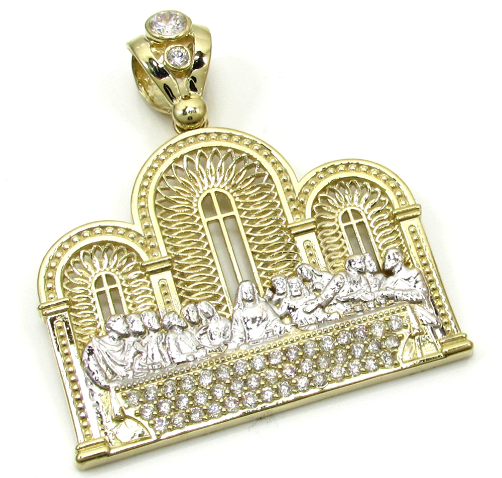 10k yellow gold two tone cz jesus apostles last supper pendant 1.50ct