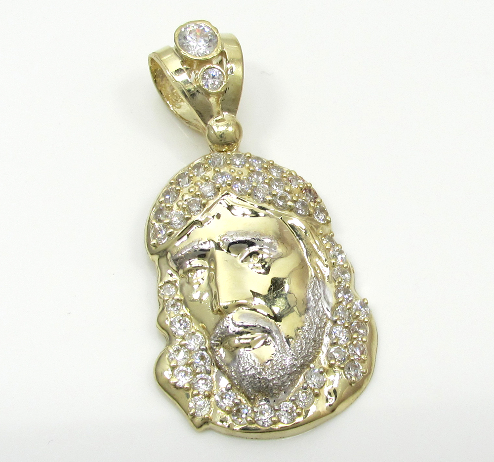 Mens 10k Two Tone CZ Mini Jesus Head Pendant 0.50CT