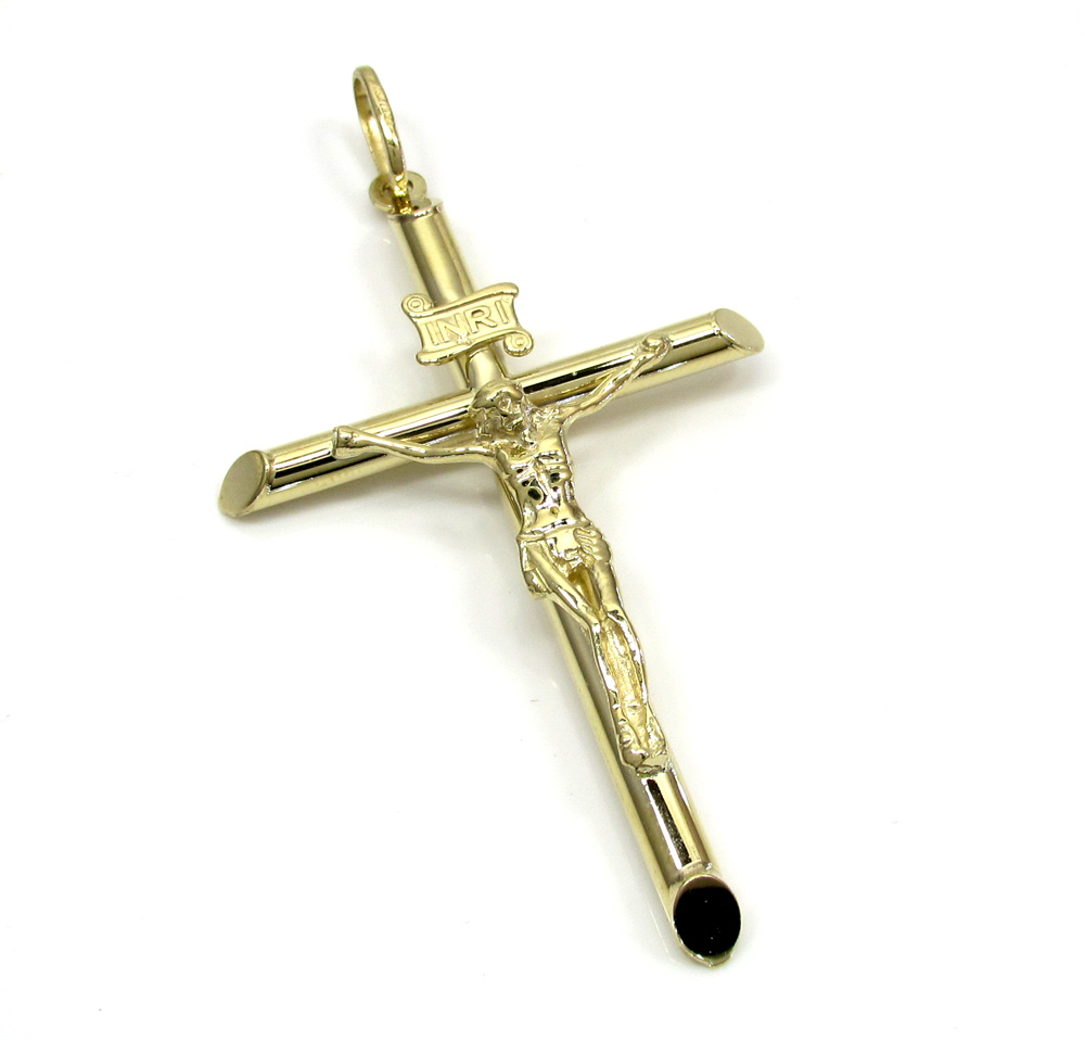 10k yellow gold large jesus tube cross pendant 