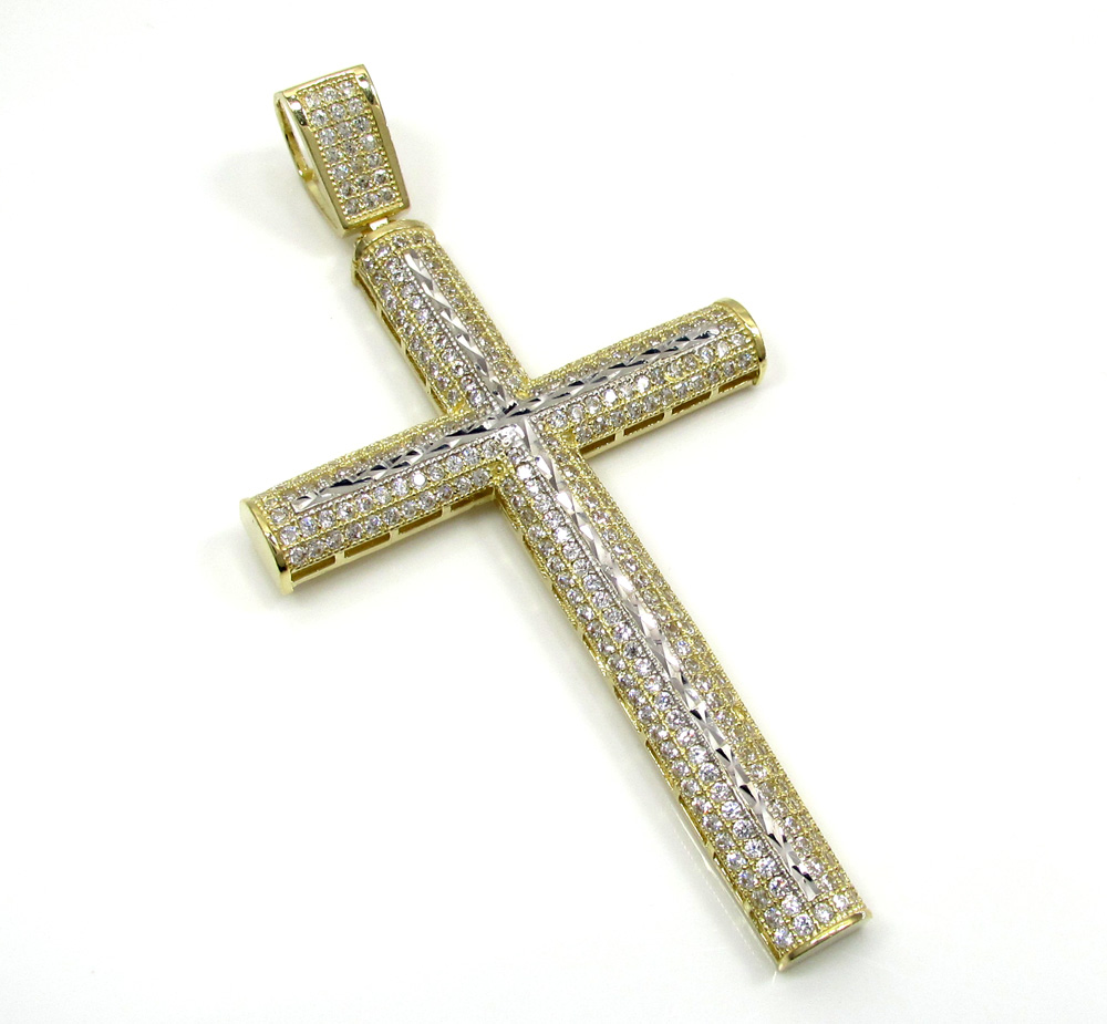 10k yellow gold large two tone cross pendant 1.75ct